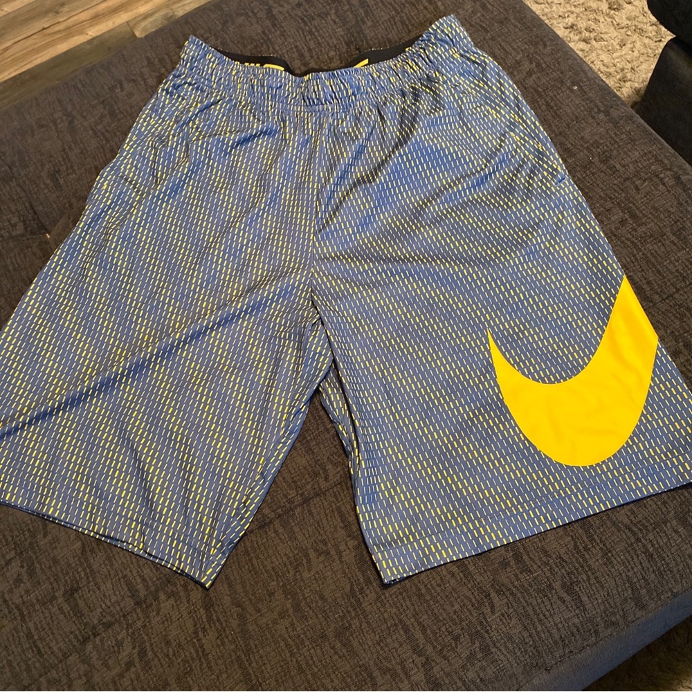 Nike Dri Fit Mens Large Shorts Blue- Yellow Swoosh